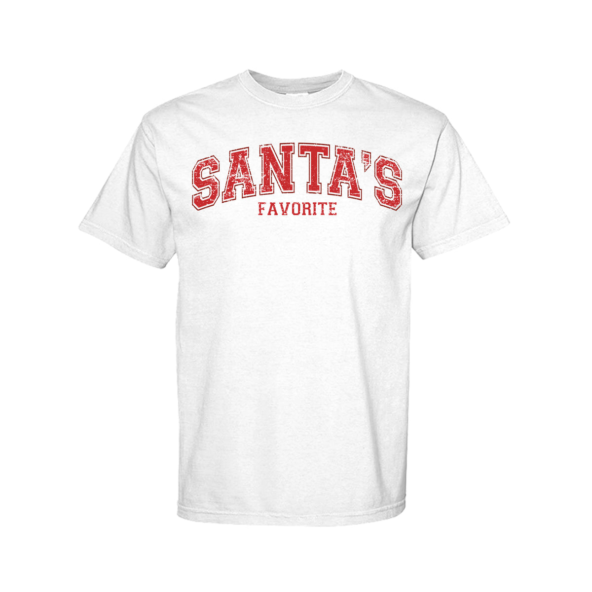 Santa’s Favorite Christmas graphic shirt and crewneck with red holiday lettering