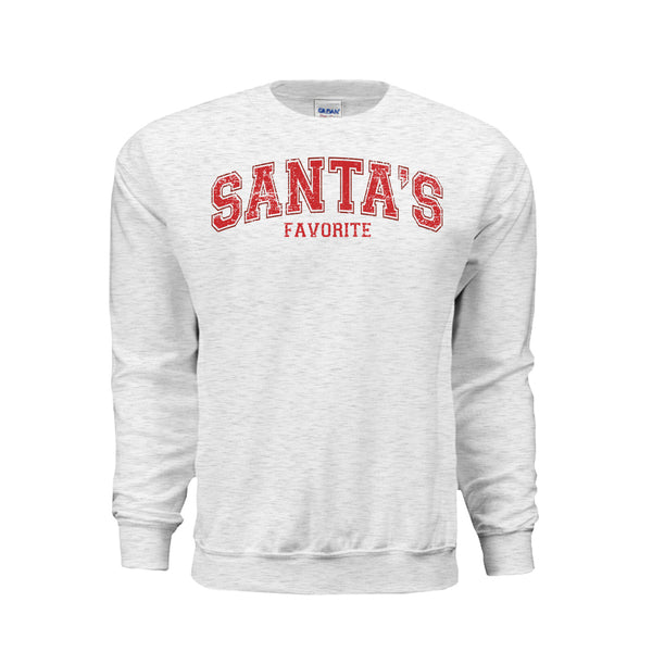 Santa’s Favorite Christmas graphic shirt and crewneck with red holiday lettering