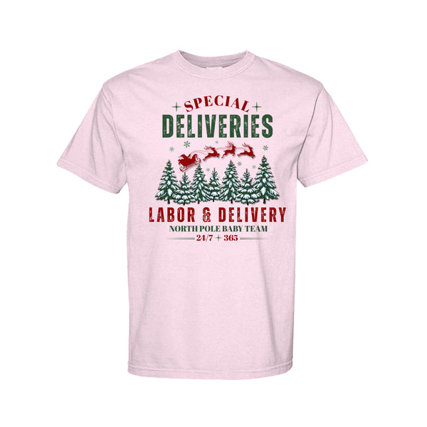 Special Deliveries Labor and Delivery Christmas graphic shirt and crewneck for L&D nurses