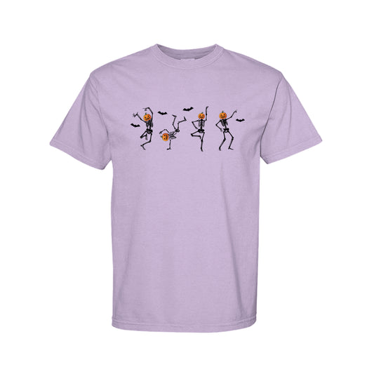 Dancing skeleton pumpkin head Halloween graphic shirt and crewneck for spooky season