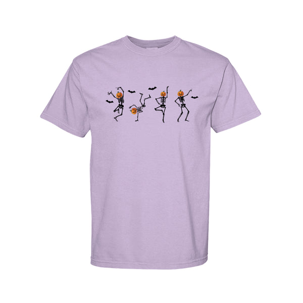Dancing skeleton pumpkin head Halloween graphic shirt and crewneck for spooky season