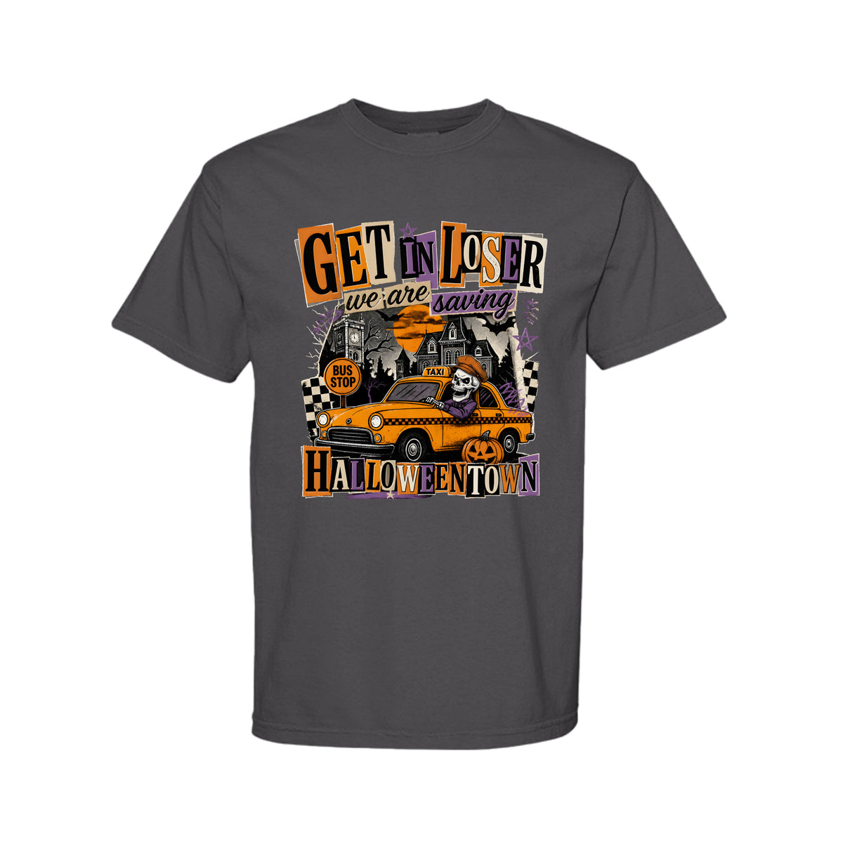 Get In Loser Halloween graphic shirt and crewneck with spooky town design