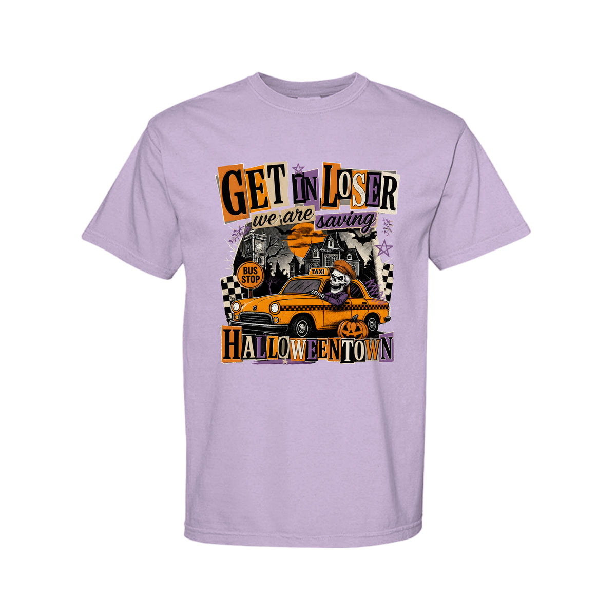 Get In Loser Halloween graphic shirt and crewneck with spooky town design