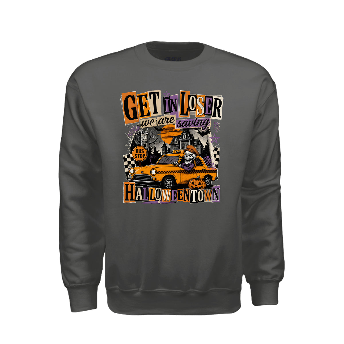 Get In Loser Halloween graphic shirt and crewneck with spooky town design