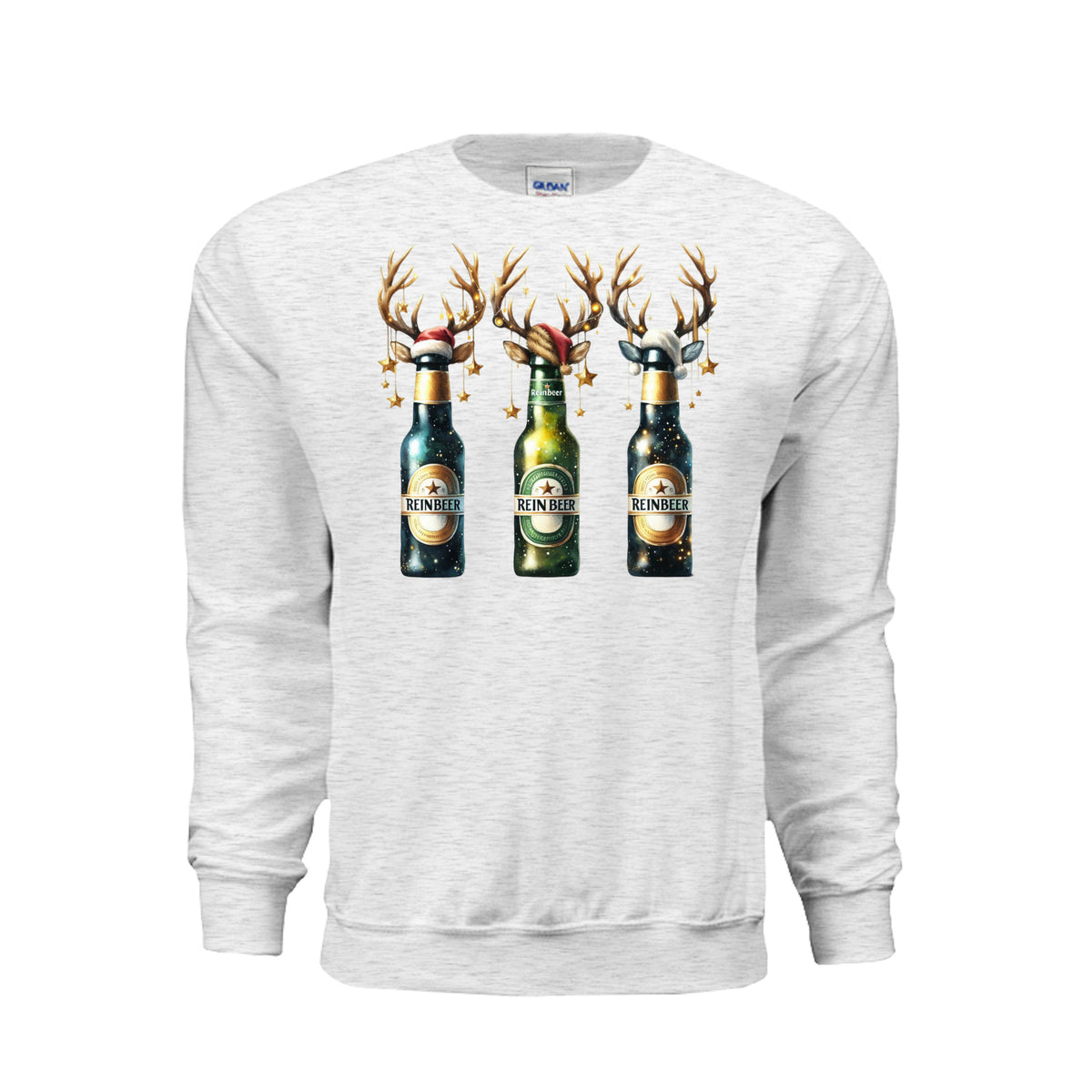 Reinbeer Christmas graphic shirt and crewneck with reindeer beer bottle design