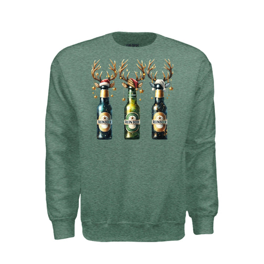 Reinbeer Christmas graphic shirt and crewneck with reindeer beer bottle design