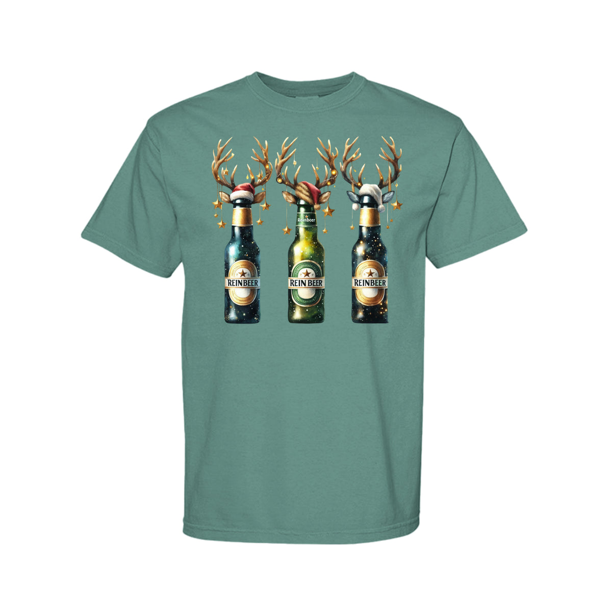 Reinbeer Christmas graphic shirt and crewneck with reindeer beer bottle design