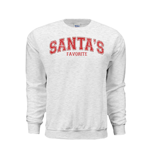 Santa’s Favorite Christmas graphic shirt and crewneck with red holiday lettering