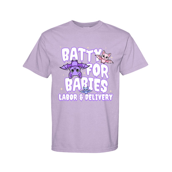 Batty for Babies Labor and Delivery Halloween graphic shirt and crewneck for L&D nurses