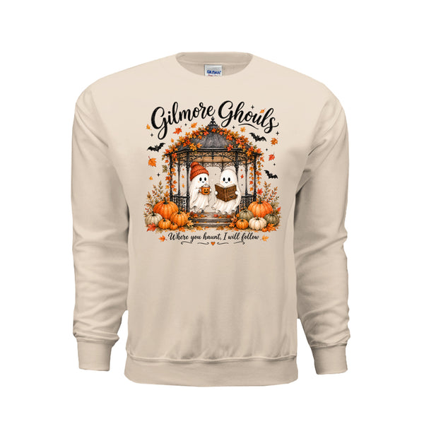 Ghouls Halloween graphic shirt and crewneck with spooky ghost and pumpkin fall design